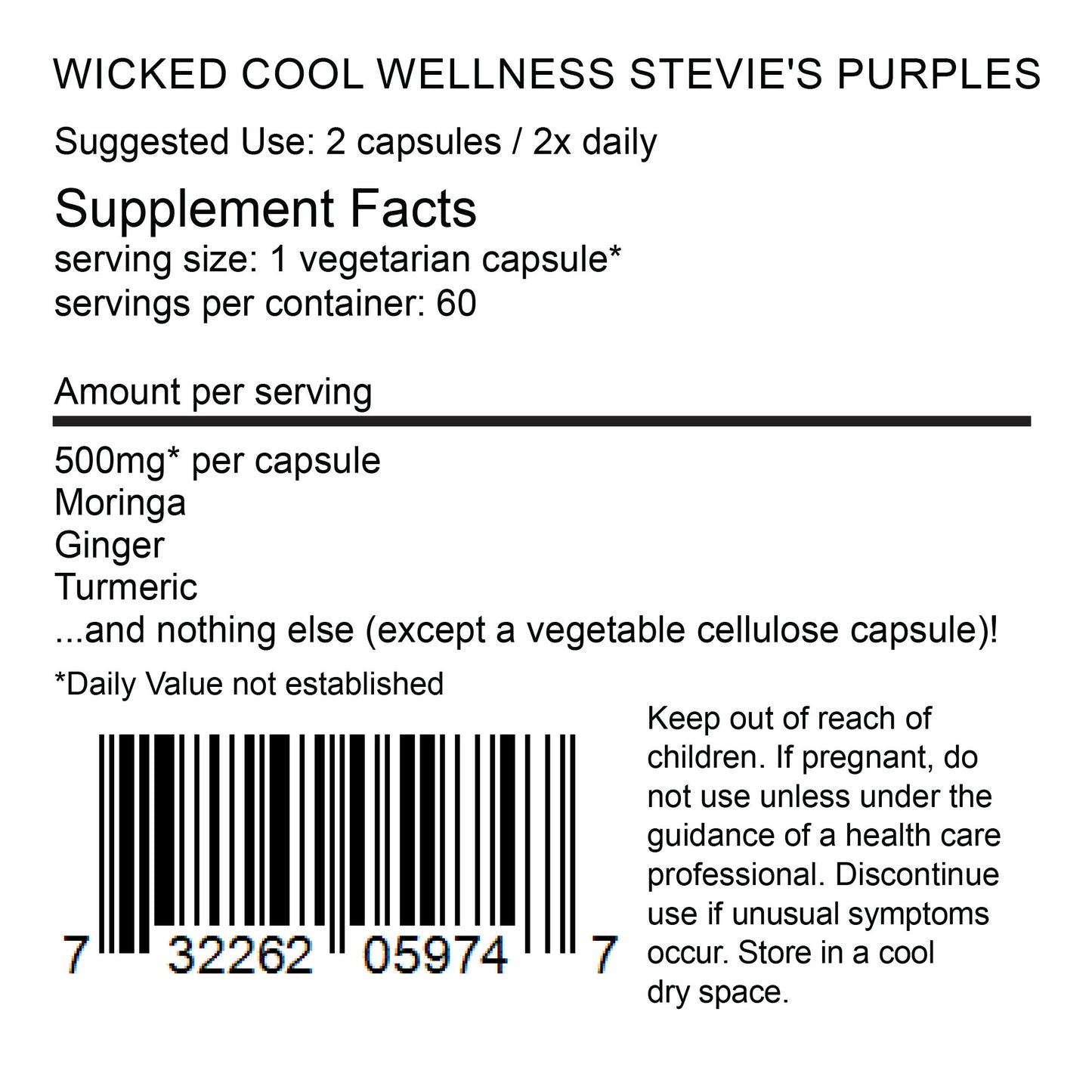 Stevie’s Purples - Turmeric, Ginger & MoringaCapsules (500 MG) - Wicked Cool Wellness